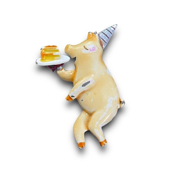 Unknown Jewelry - Vintage Happy Birthday Celebration Cake Pig Piggy Pin Figure Brooch Metal Enamel